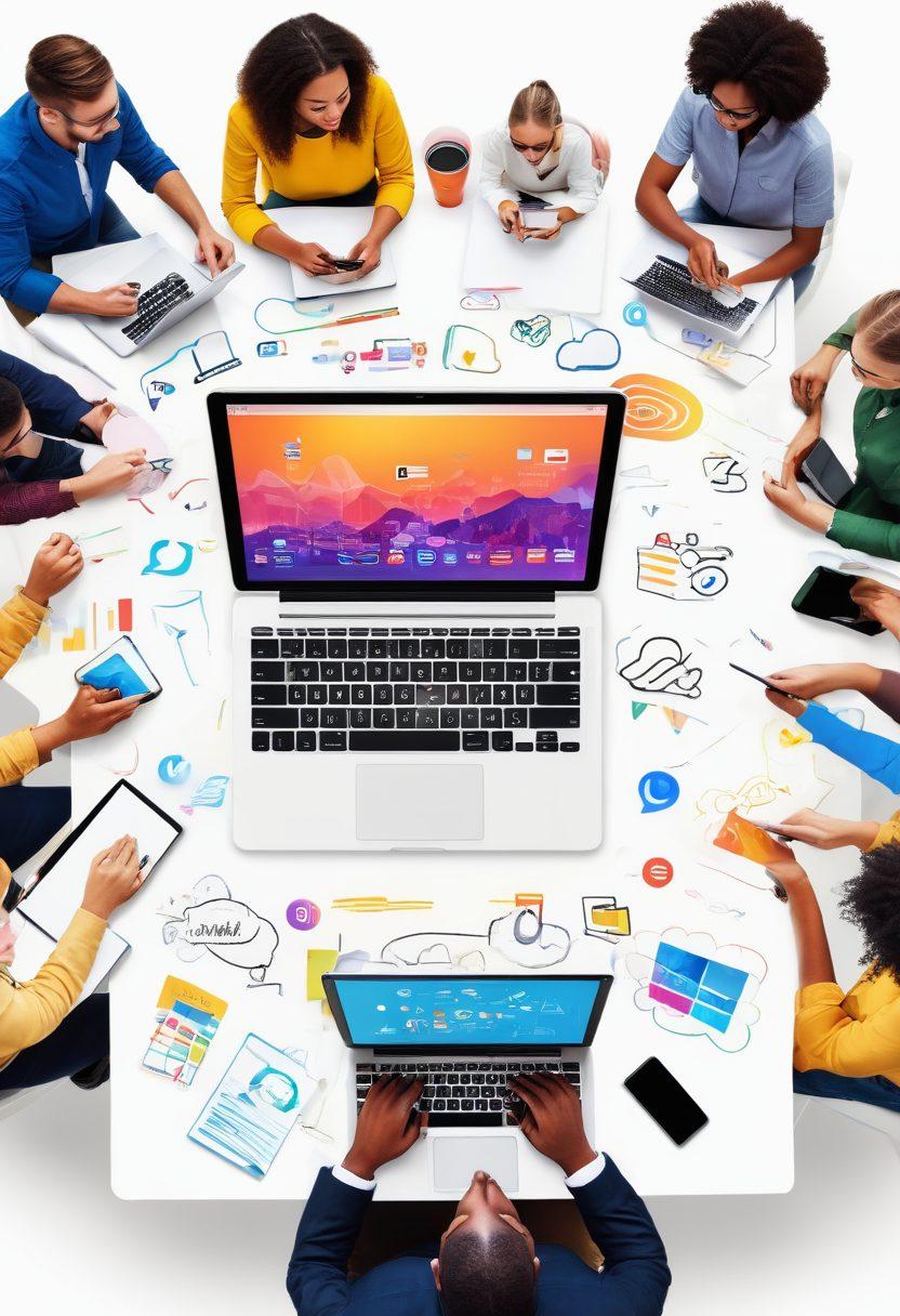 A bustling digital landscape featuring a diverse group of people engaging in content creation on various devices—laptops, tablets, and smartphones. Overlay with vibrant graphics like social media icons, charts, and colorful notepads to represent strategies and ideas. The scene should convey collaboration and creativity, with warm lighting that evokes a sense of inspiration. modern digital art. vibrant colors. white background.