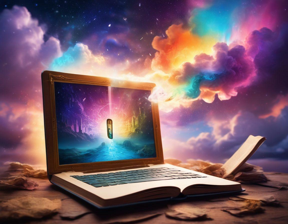 A magical key unlocking an ancient book filled with glowing words and images representing diverse content ideas, surrounded by swirling clouds of vibrant colors. In the background, silhouettes of bloggers creating content on their laptops, immersed in creativity. Bright light beams illuminating the scene, symbolizing inspiration and discovery. whimsical art style. vibrant colors. soft focus.